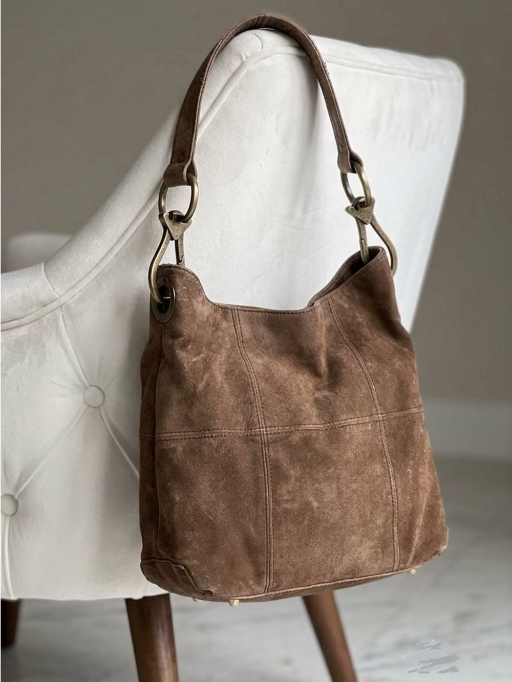 Braciano Brown Suede Hobo Bag with Brass Hardware